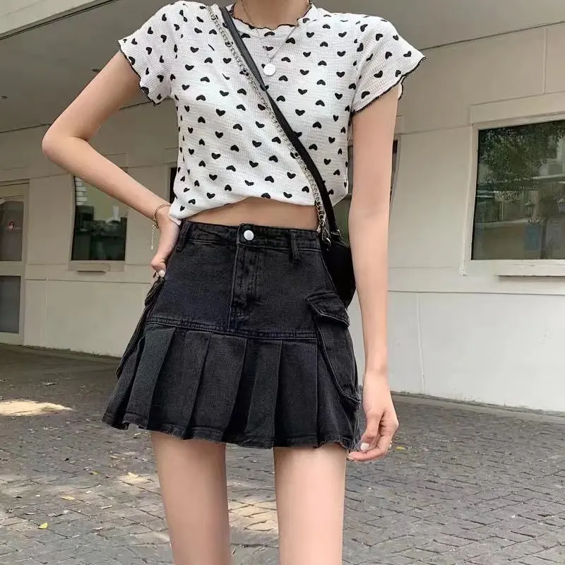 Skirts Women Pleated Summer Button American Retro Denim All-match Slim Streetwear Students Harajuku Chic Fashionable Cool Daily