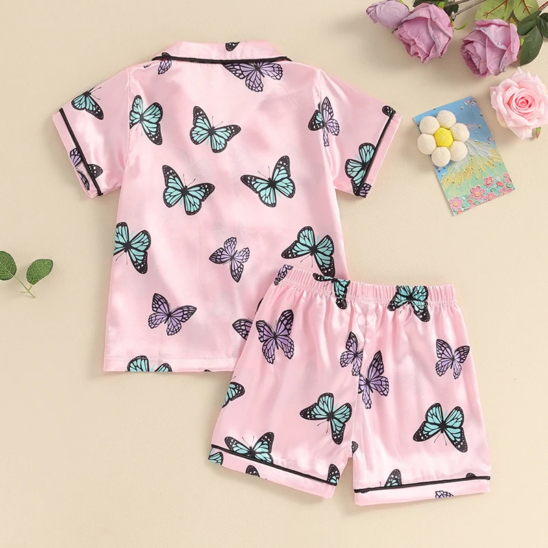 Tregren Kids Girls Summer 2pcs Pajama Sets Casual Short Sleeve Lapel Shirt Top Butterfly Print Pants Sleepwear Toddler Homewear