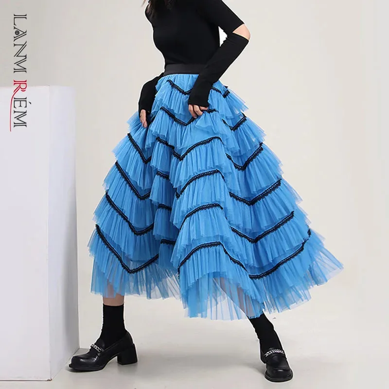 LANMREM Women Cake Blue Mesh Skirt Long Length High Elastic Waist Color Block Female Party Skirts 2024 Summer New 2M225