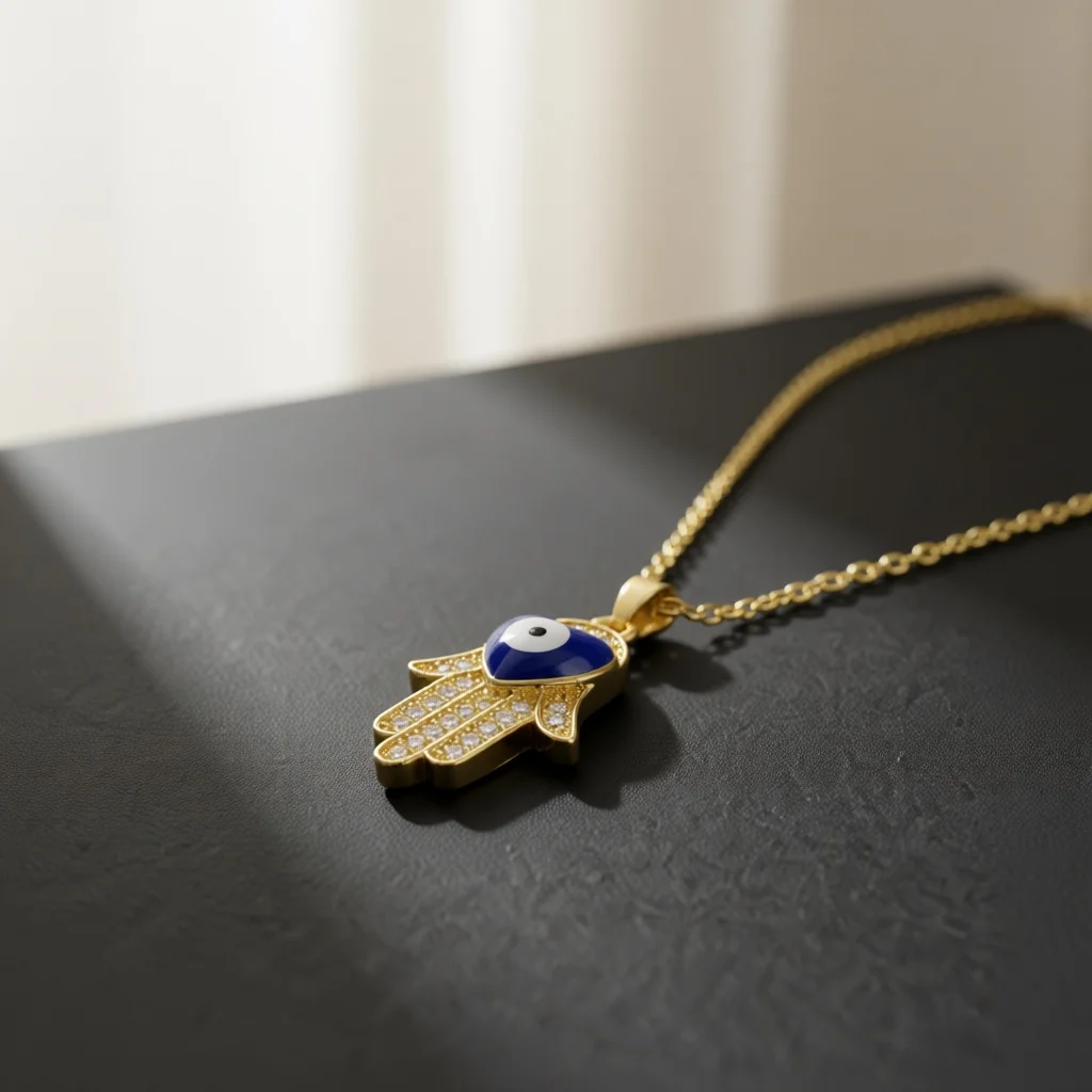 Paved Crystal Hamsa Hand Heart‑Shaped Inlaid Pendant Necklace Elegant Glossy Daily Dating Party Jewelry For Young Women Ladies