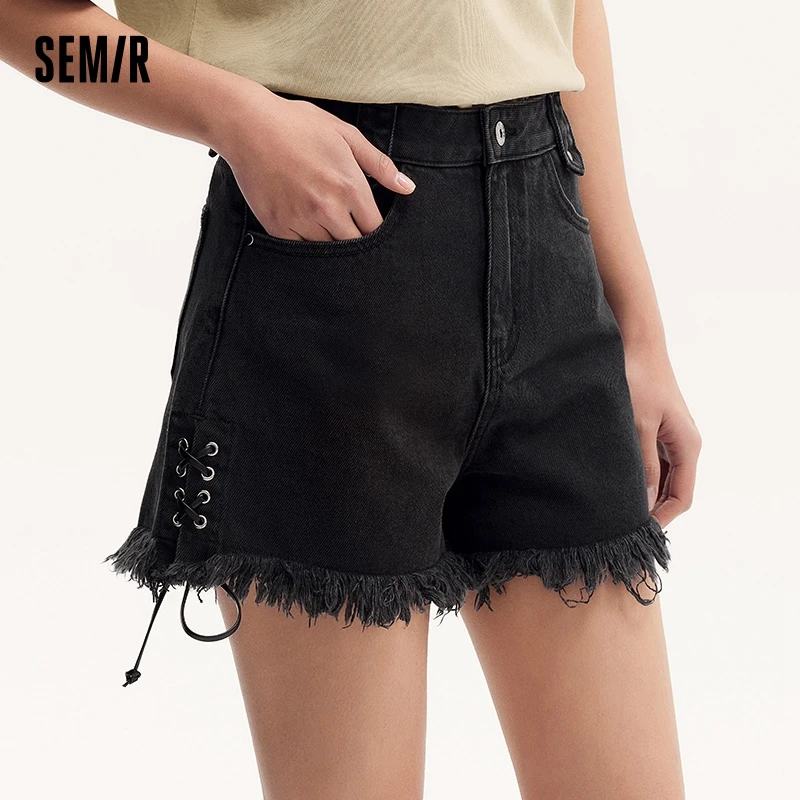 

Semir Women Black Rolled Edge Tie High-Street Cool Shorts 2024 New Summer High-Waisted Hot Pants Leg-Lengthening