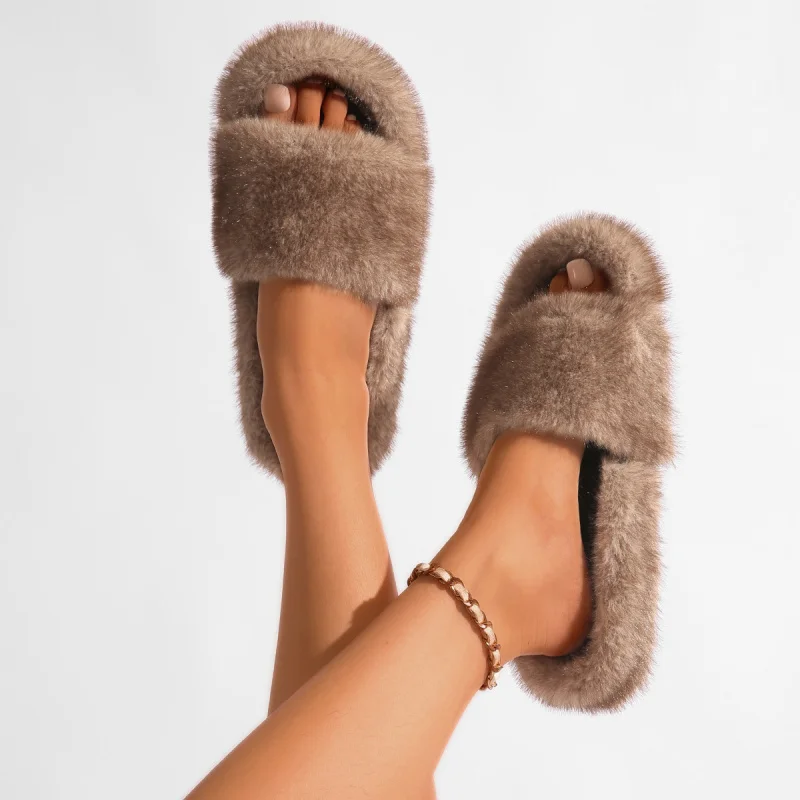 

2025New Home Plush Slippersy2kPunk Style Hot Girl Imitation Mink Fur Slippers Large Size European and American