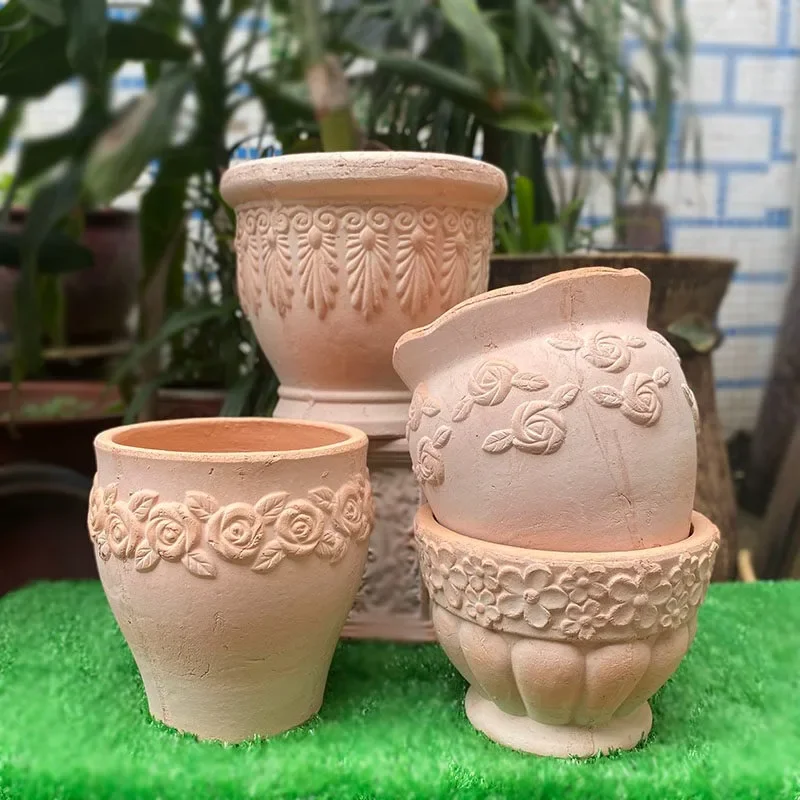 Pastoral pottery pot Retro red pottery flower  Handmade relief pottery pot European garden flower pot Roman style coarse