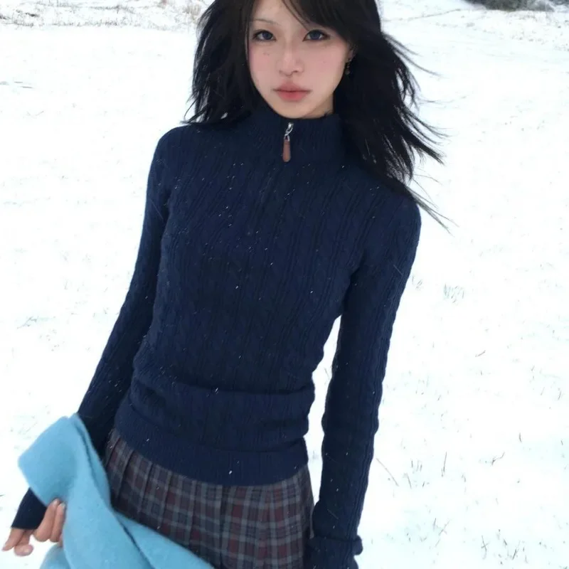 

Vintage Twist Sweater Women's Half Zip Turtleneck Harajuku American Retro Knitted Pullovers Slim Gyaru Winter Bottom