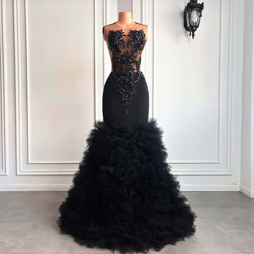 Long Elegant Women Prom Dresses 2026 Sheer Beaded Lace Ruffless Mermaid Style Black Girls Real Sample Prom Party Gowns