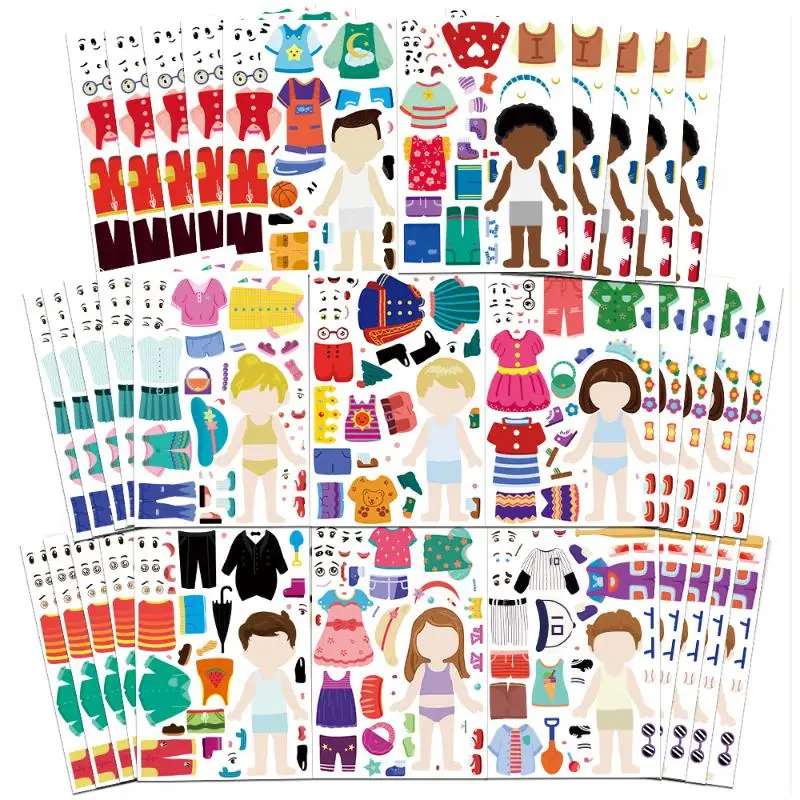 8Pcs Cartoon Dress Up Puzzle Stickers Fun Handbook Character Jigsaw Education Stickers Toys Decoration Sticker