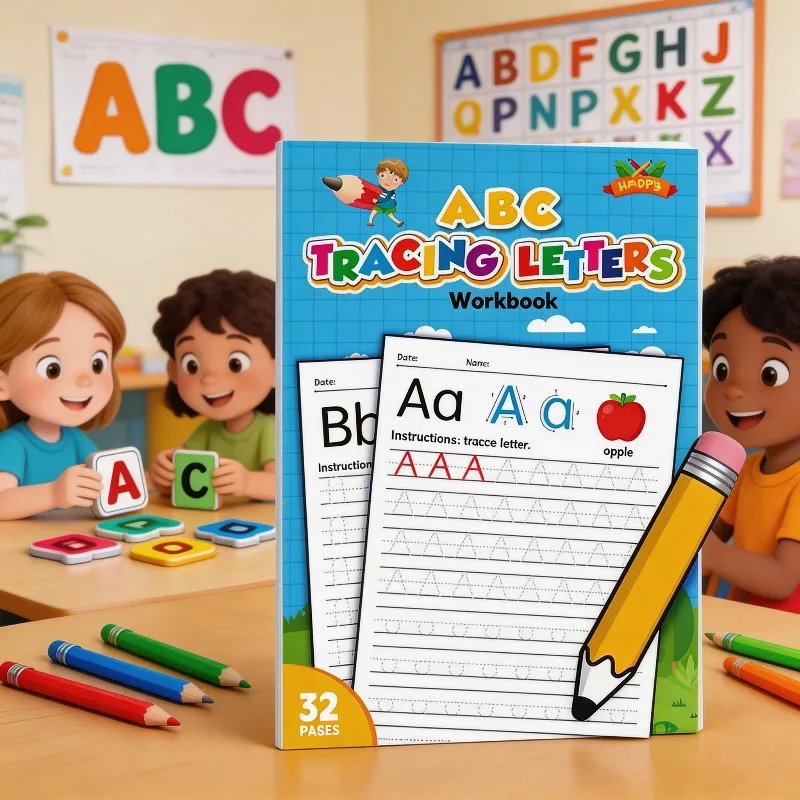 Children's English Alphabet Workbook, 32 Pages of Alphabet A-Z, Early Childhood Enlightenment Exercises, Fun Vocabulary