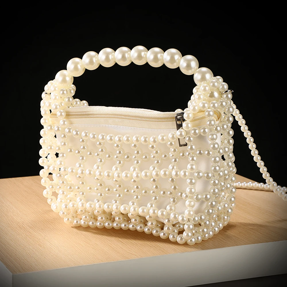 Immagine 3: Nuova borsa da sera per matrimoni e feste con perle intrecciate, delicata borsa per il trucco con catena di perle staccabile e tracolla a spalla.