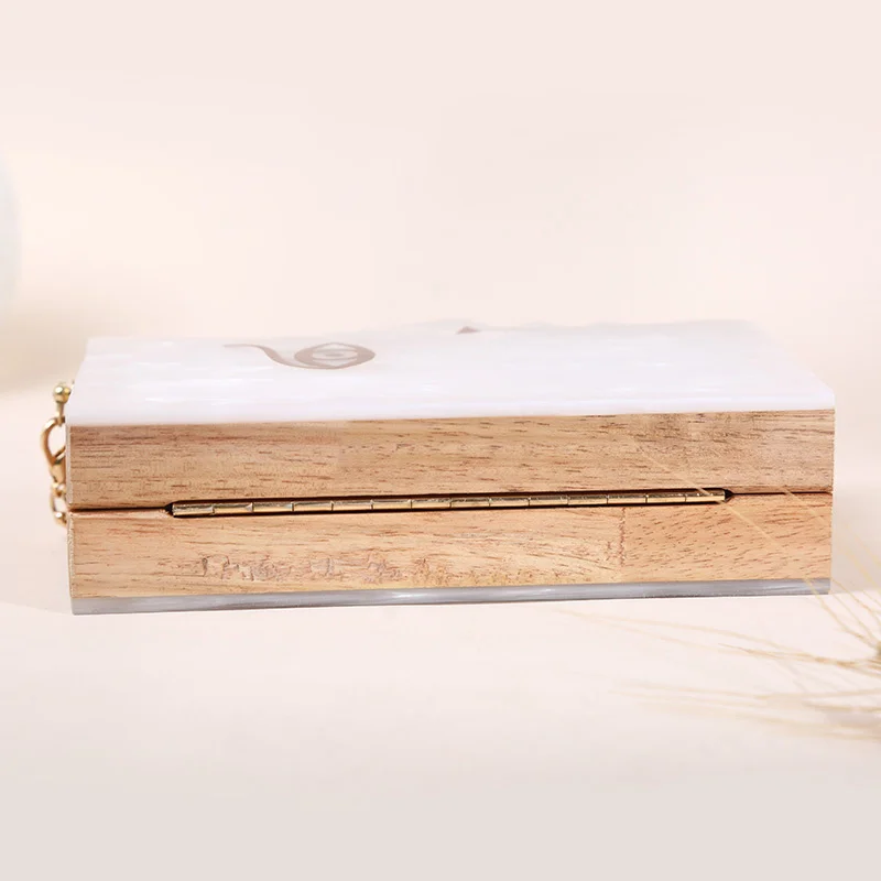 2023 Wood Personality Splicing White Acrylic Retro Unique Half Face Hard Box Evening Bag Ridesmaid Handbag Luxury Clutch Purses