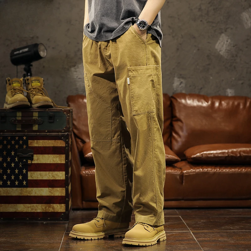 

American trend all vintage khaki overalls solid color straight leg loose men's casual pants spring and autumn new long pants