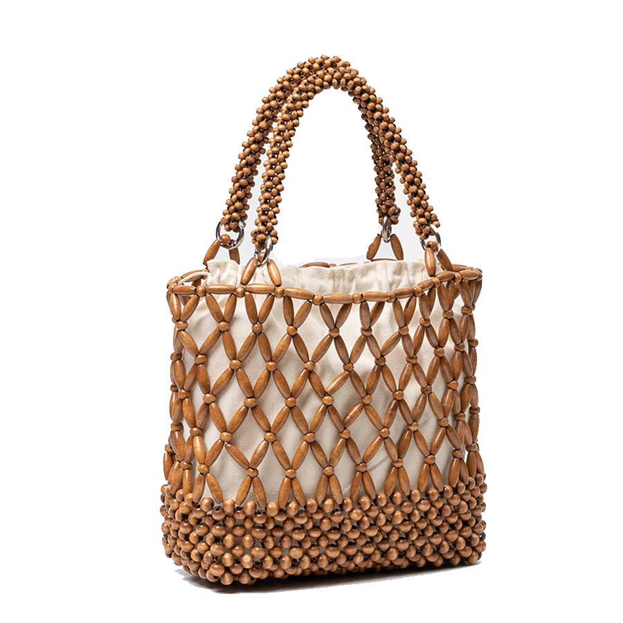 Casual Travel Color-Blocking Hand-Woven Bag Bohemian Beaded Tote Summer Hollow-out Female Reticulate Netted Canvas Beach Handbag