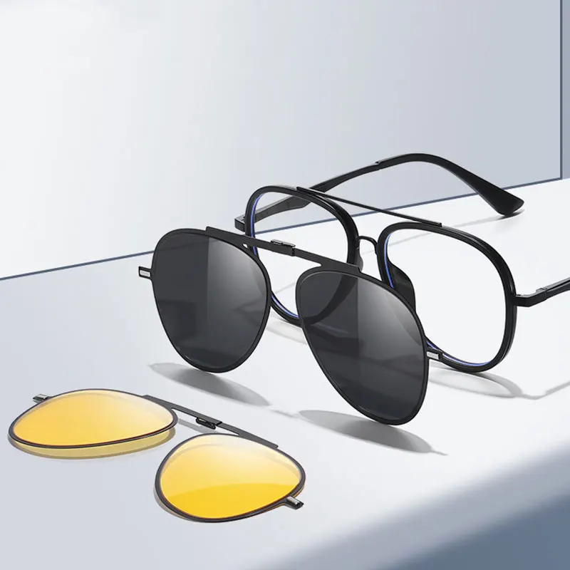 2 IN 1 Magnetic Clip On Optical Myopia Glasses For Men Pilot Polarized Sunglasses Prescription Reading Glasses Night Vision Lens
