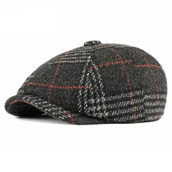 Retro Octagonal Hats for Men Black Plaid Eight-blade Painters Newsboy Cap for Male Herringbone Flat Cap Berets Elastic Band