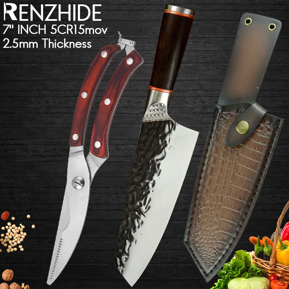 

RZD Japanese Cooking Chef Forged Steel 5cr15mov Knife Set Cover Sheath 7'' INCH Chicken Bone Scissor Shear Camping Hiking Tools