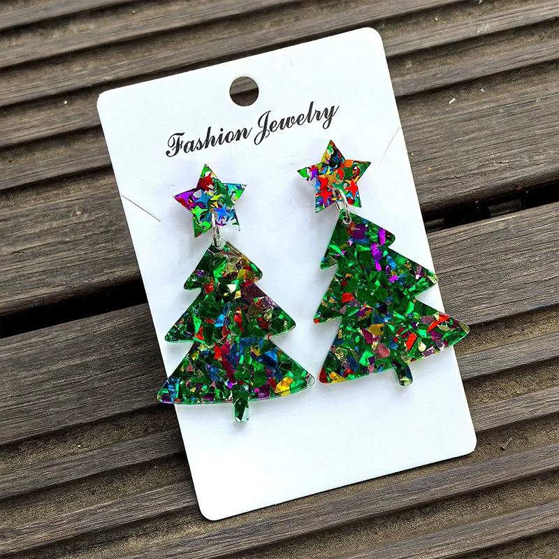 New Christmas Colorful Christmas Tree Pendant Earrings Colorful Broken Flowers Pentagram Acrylic Earrings Decorative Gift