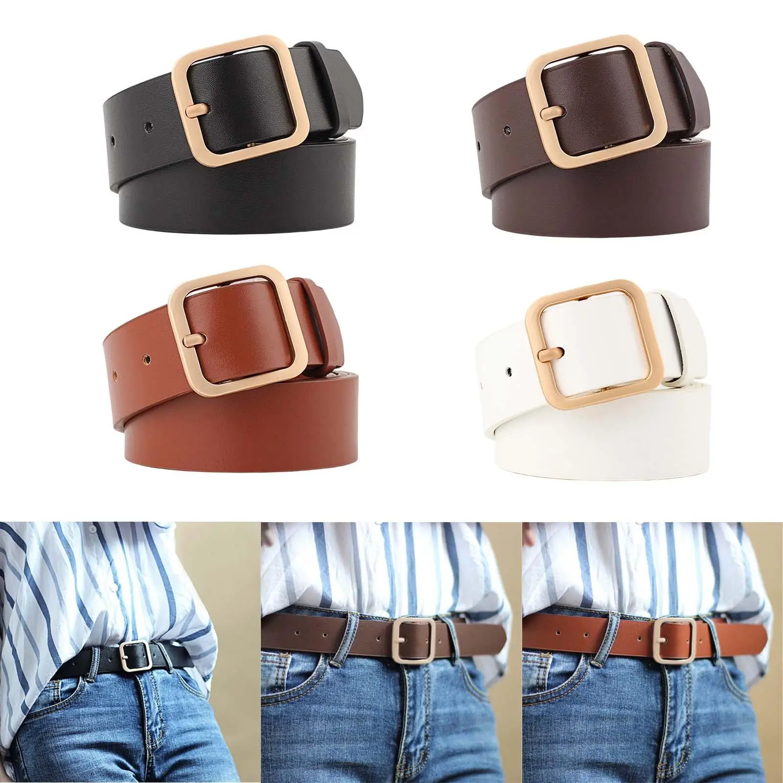 Women Belt, Golden Buckle PU Leather Fashion Adjustable Female Waist Belt Waistband for Jumpsuit Skirt Windbreaker Blouse Coat