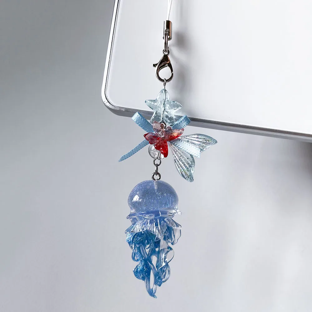 Blue Pink Jellyfish Phone Charm Starfish Mermaid Fishtail Bow Bead Fairycore Keychain Wallet Schoolbag Car Key Decor Jewelry view 4