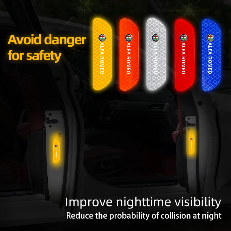 4pcs Car Door Sticker Reflective Safety Warning Mark Decoration Decal For Alfa Romeo 4C 159 166 Spider Giulia Giulietta 156 147