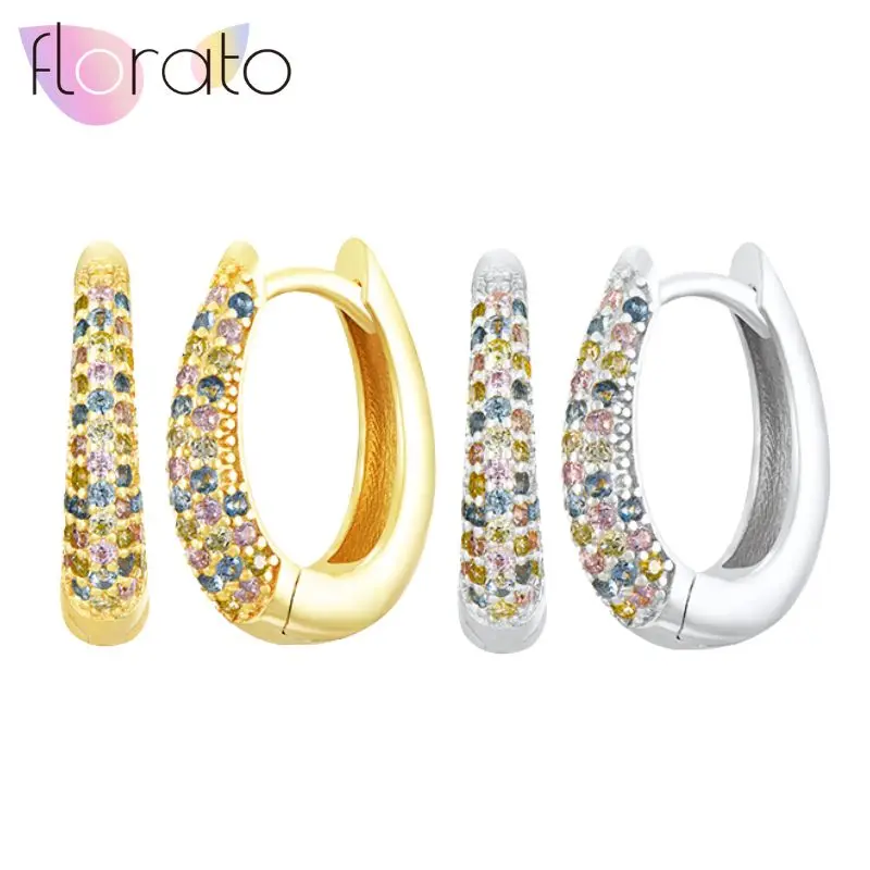 

925 Sterling Silver Needle Noble Elegant Half-circle Micro-paved Colored Zircon Oval Earrings Women Valentine's Day Jewelry Gift