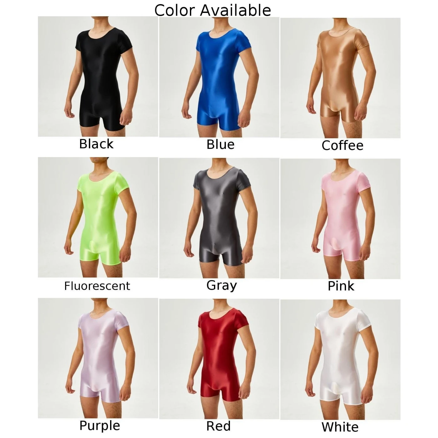 Men Bodysuit Short Sleeve Oil Shiny Glossy Tights High Elastic Shapers Leotard