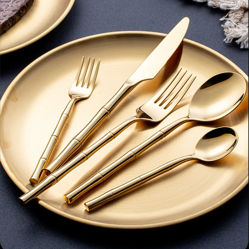 

18/10 Cutlery Set Stainless Steel Steak Knife Fork Bamboo Design Golden Dinnerware Set Silver Flatware Set For 6