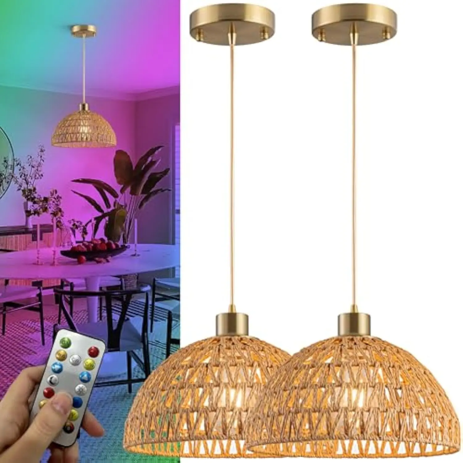 

Battery Operated Pendant Light with Remote-Battery Chandelier Handwoven Rattan, Battery Operated Pendant Light 50+Hours Long Life USB Re