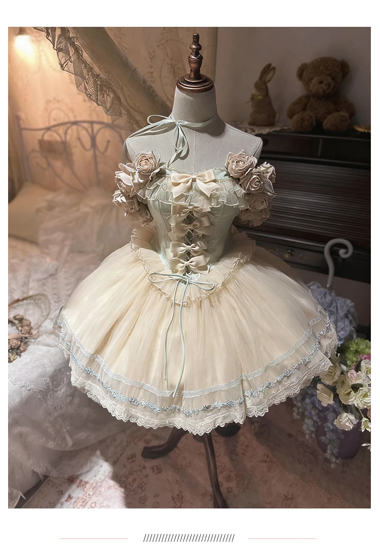 Vintage elegantes Prinzessin-Lolita-Kurzkleid, ärmellos, schulterfrei, 3D-Rosenschleife, Schnürung, schmale Passform, Geburtstagsparty-Kleid für Frauen