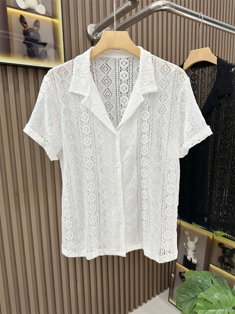 New Summer Mens Solid Color Shirt Single Breasted Fashion Hollow Out Tops Loose Fit Short Sleeve Lapel Casual Hawaii Shirt Male