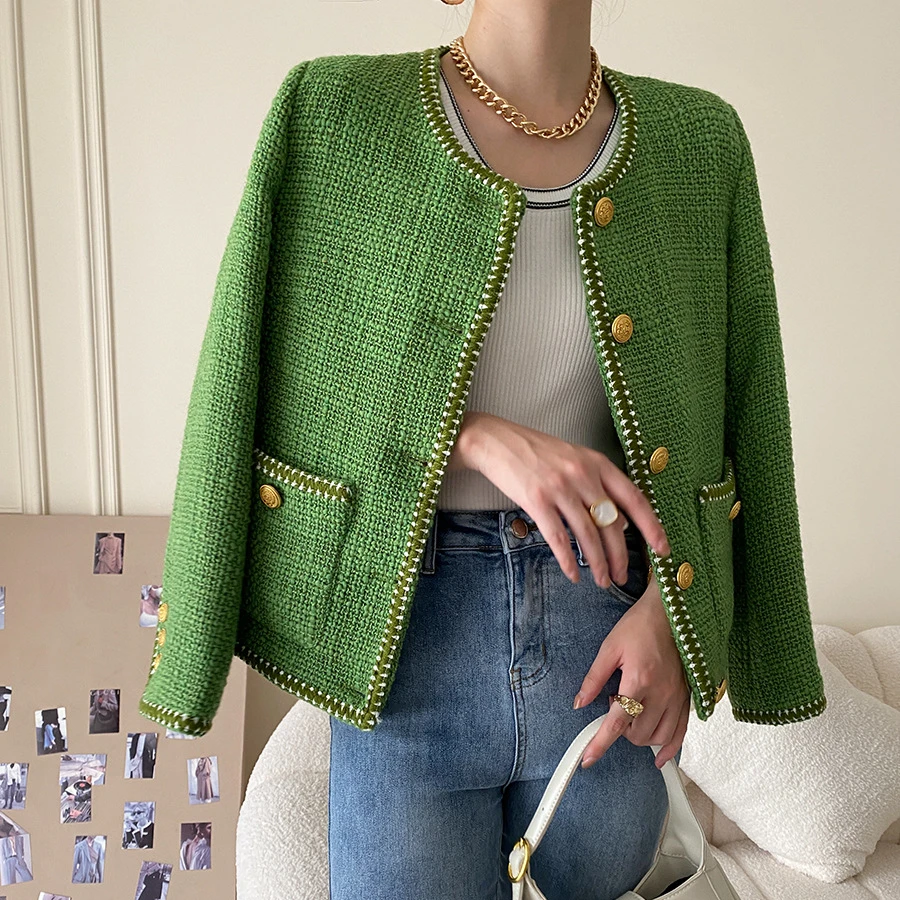 

Fashion Women's Green Tweed Jacket French Elegant Temperament Commuter Round Neck Single Breasted Loose Short Top Coat Jacket