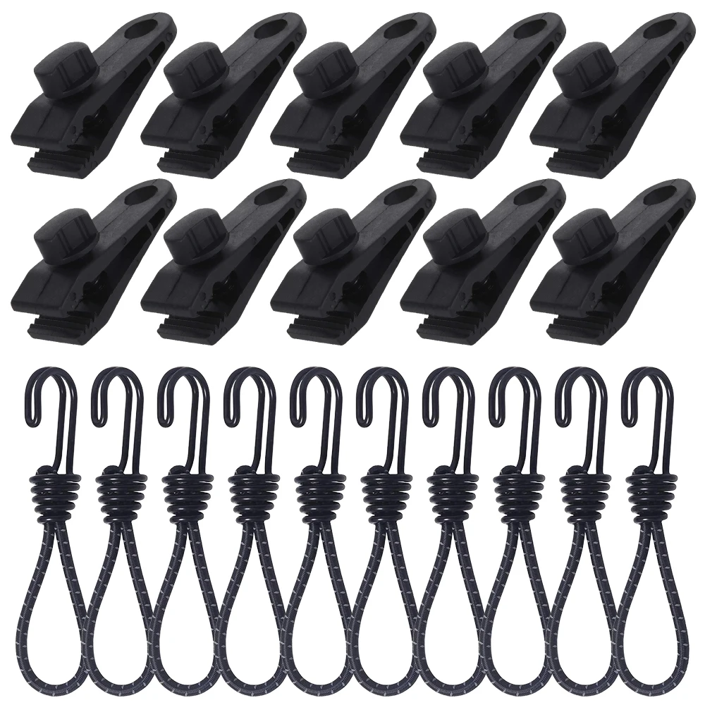 20 PCS Camping Tarp Clips Elastic Rope Clamp Canvas Heavy Duty Lock Grip Tent Clips Bungee Cord include (10pcs Clip and Rope )