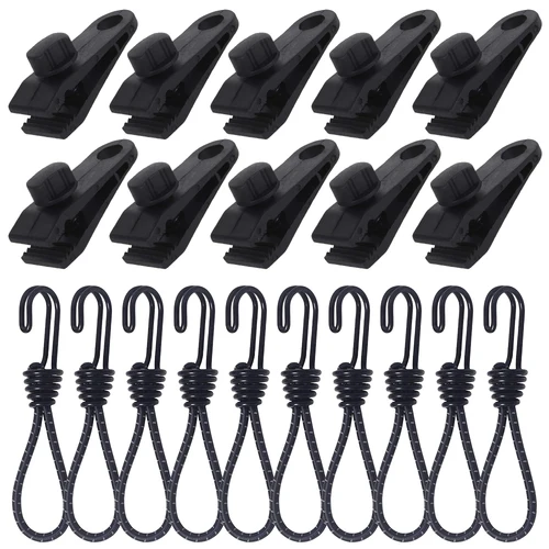 20 Uds. Clips para lona de acampada, abrazadera de cuerda elástica, agarre de bloqueo resistente de lona, Clips para tienda, cordón elástico incluido (10 Uds. De Clip y cuerda)