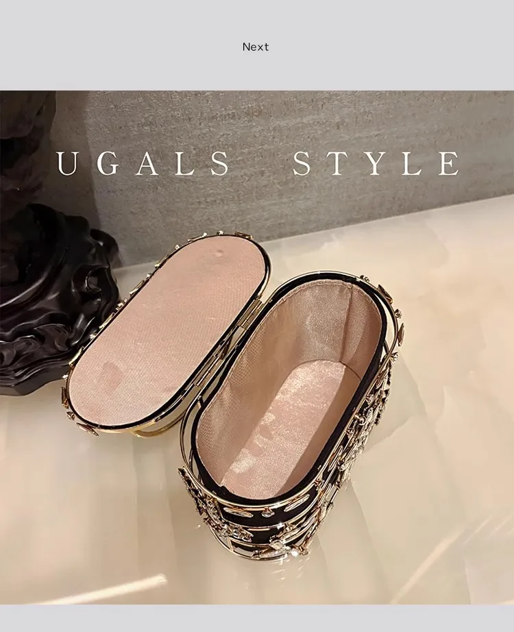 Women Handbag Fashion Hollow Out Metal Cage Bag Crystal Rhinestone Diamond Clutch Purse For Wedding Party Shoulder Crossbody Bag