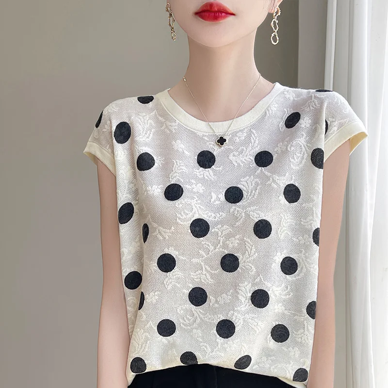 2024 Summer New Joker Western Style Polka Dot Loose Top Women\'s Short Sleeve Thin Casual Breathable Comfortable Shirt