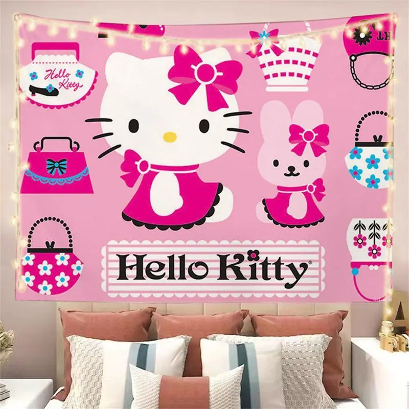 Hello Kitty Cartoon Tapestry Home Decor Kawaii Girls Student Dormitory Bedroom Living Room Wall Decoration Design Birthday Gift