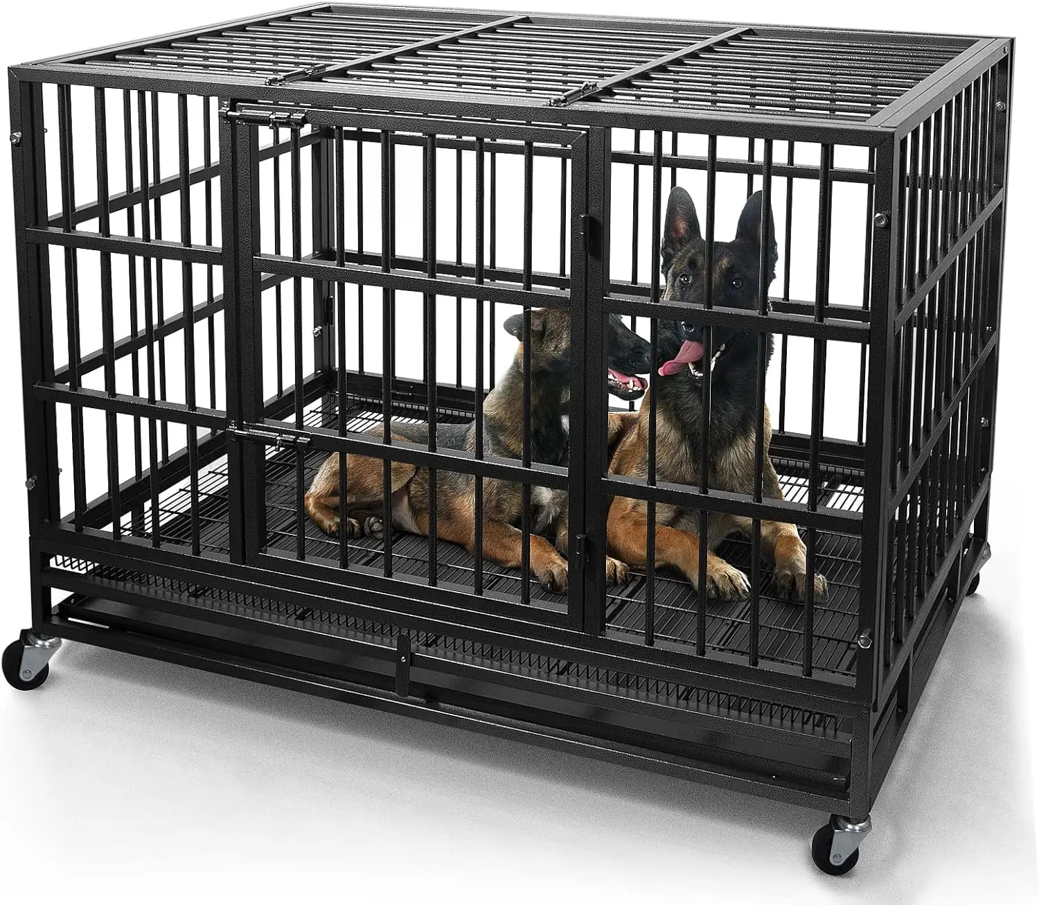 

48/38 Inch Heavy Duty Dog Crate Cage Kennel with Wheels, High Anxiety Indestructible, Sturdy Locks Design