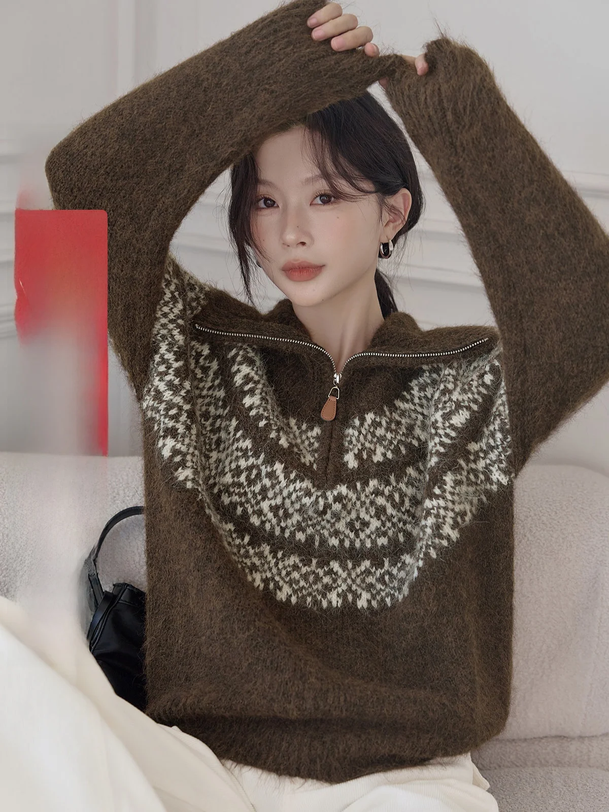 

Винтажный вязаный свитер HuiXi с молнией, мягкий, свободный, шикарный топ для женщин, новинка зимы, для повседневной носки, с длинными рукавами, воротником-стойкой