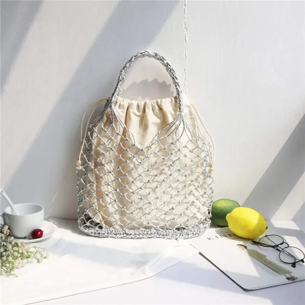 Gold silver 2 color bright paper ropes hollow woven handbag cotton lining straw bag female Reticulate handbag netted beach bag