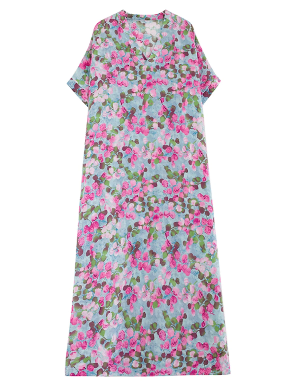 レトロな花柄Vネックコットンリネン女性用サマーアーティスティックルーズオルトスヴェワイドヘムラインAラインロングローブ