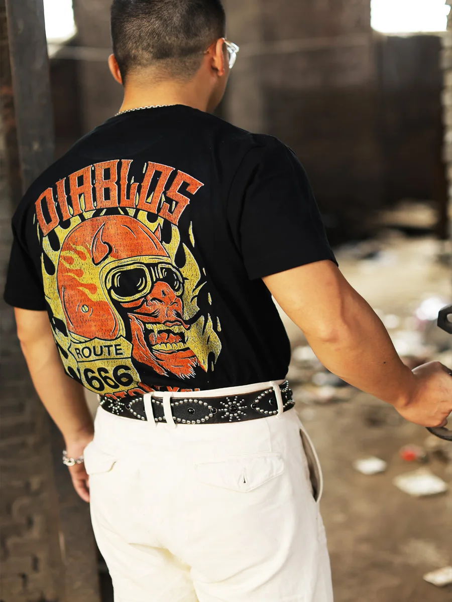 

Vintage Tough Guy Motorcycle European and American Locomotive Print Heavy Short-sleeved T-shirt Men and Women Rock