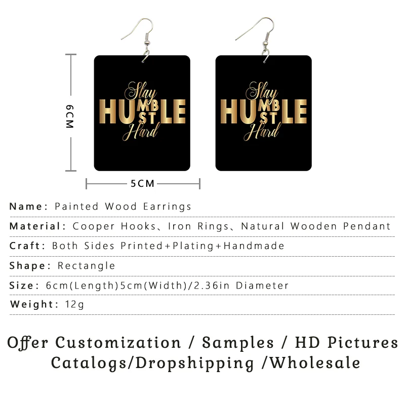 SOMEHOUR My Hustle Melanin Wooden Drop Earrings Golden Unpologetically Black Dope Arican Map Print Rectangle Dangle For Women