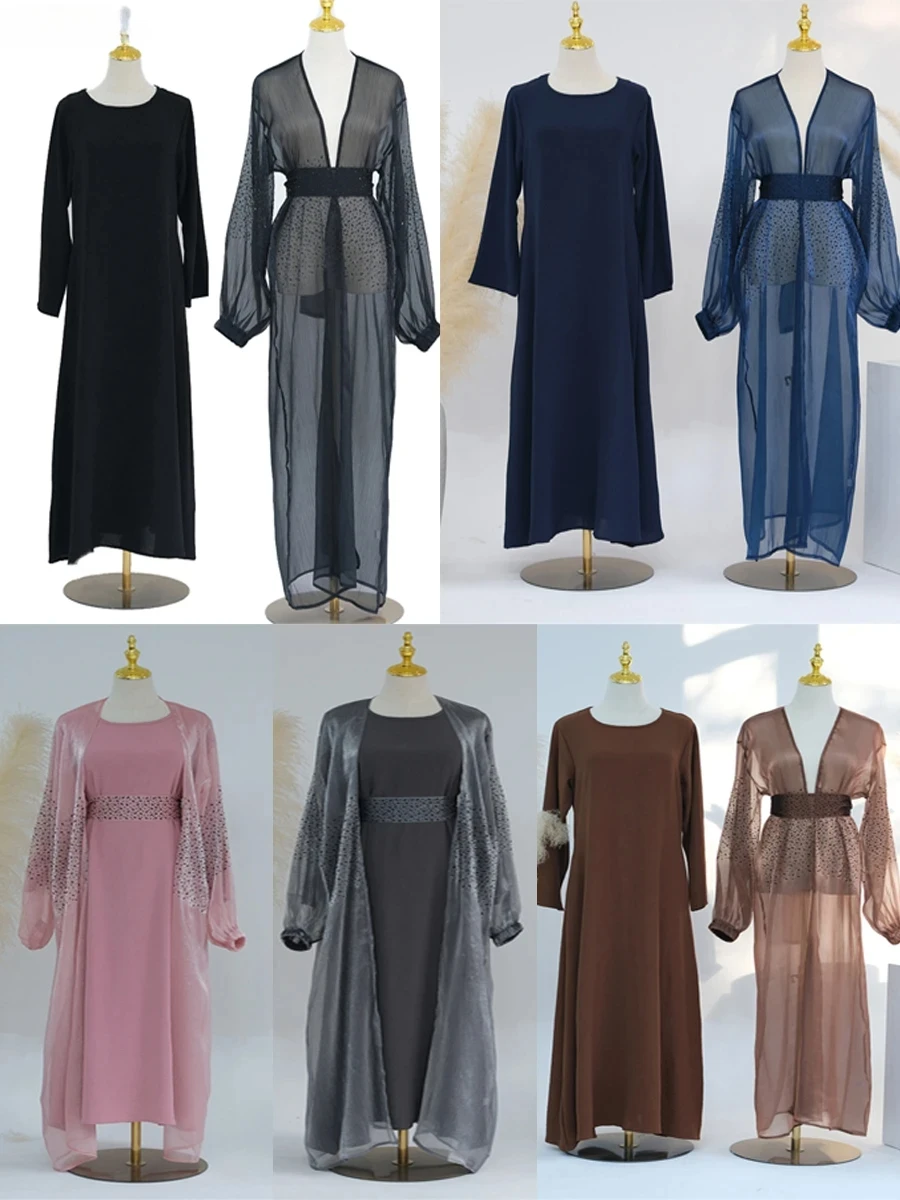 2024 nový 2 kousky nastaví muslimové ženy móda islámské oblečení saúdská abayas páskem otevřený kimono vnitřní šaty dubaj turecký róba