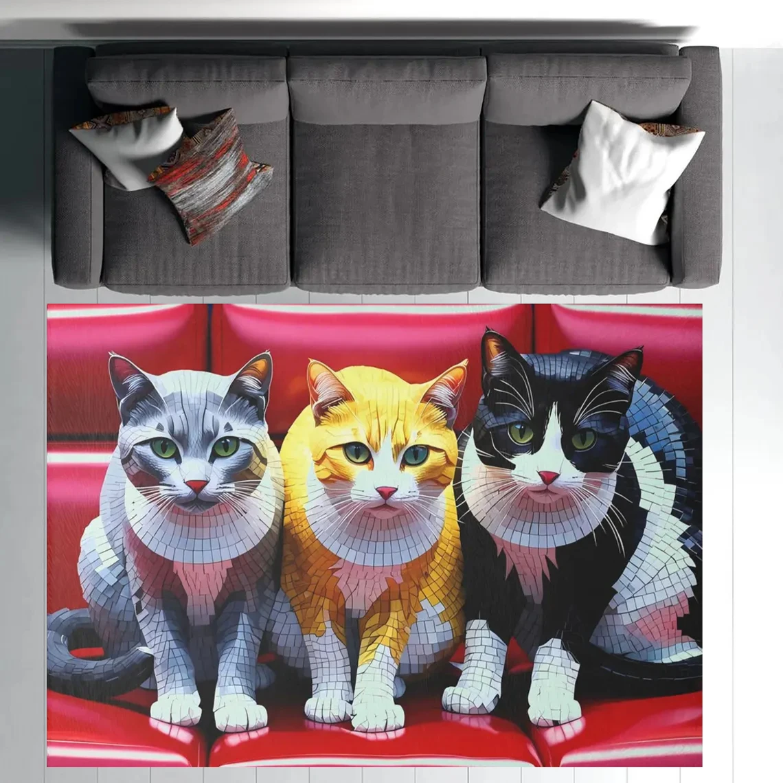 Three Little Cats Vintage Calico Cat Cow Cat Carpet Ceramic Tiles Mosaic Style Living Room Bedroom Carpet Home Decoration Rug