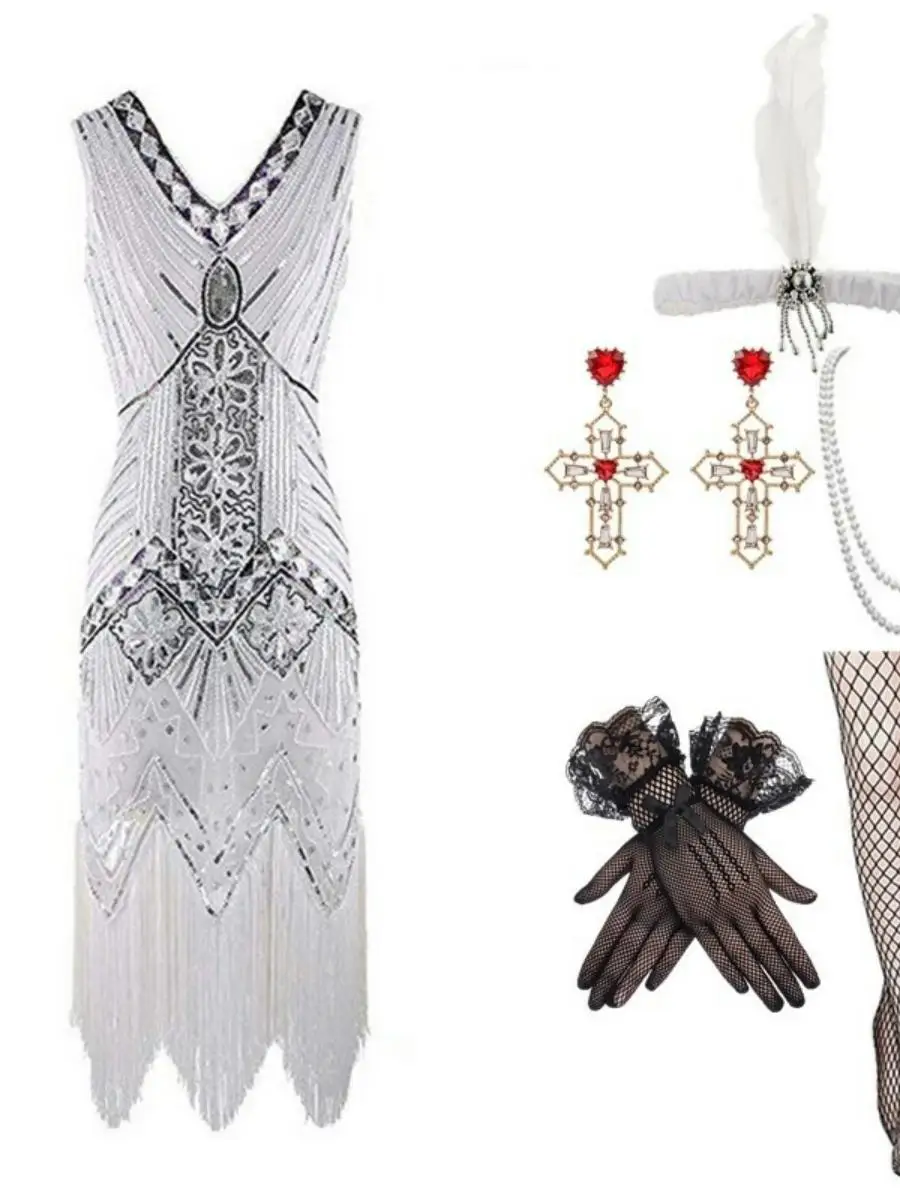 Suknia wieczorowa w stylu retro lat 90., inspirowana Gatsby'owymi latami, z frędzlami, duży rozmiar, dekolt w serek, zestaw, tradycyjny kostium damski, strój na występy sceniczne.