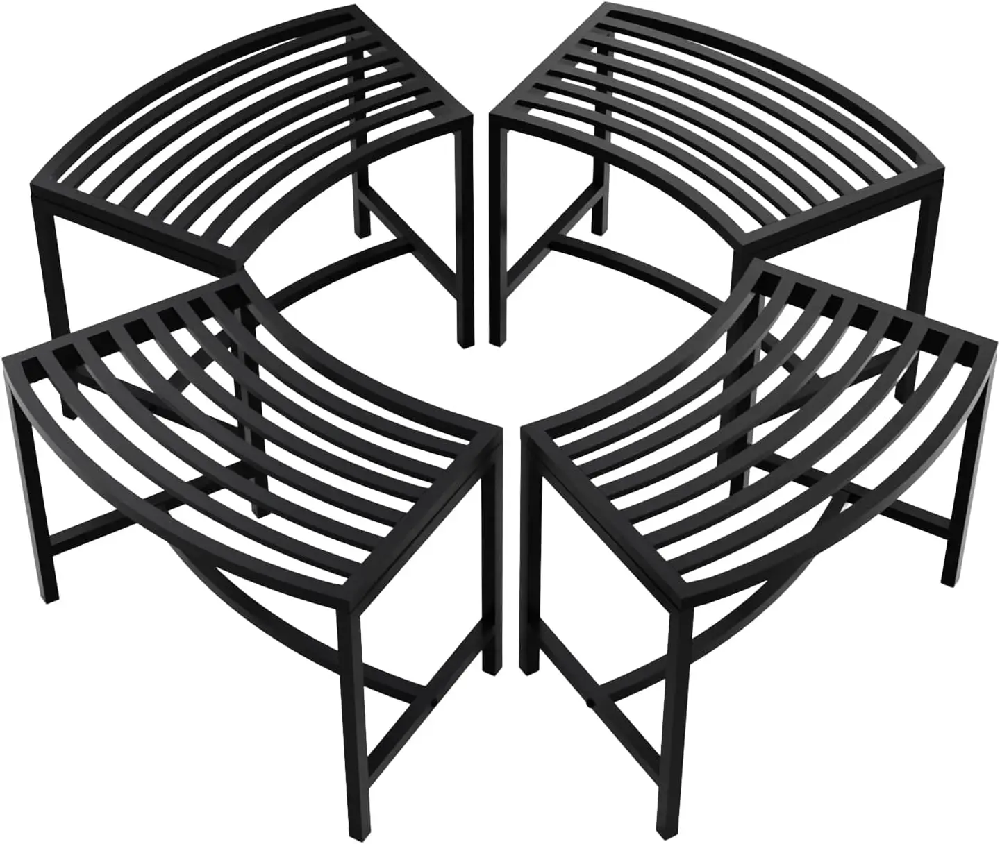 Outdoor Curved Metal Bench, Round Fire Pit Seating Set For Backyard Patio Garden Lawn, Weather Resistant Heavy Duty Steel Backless Stool Plant Stand, Modern Minimalist, Black, 4 Pack