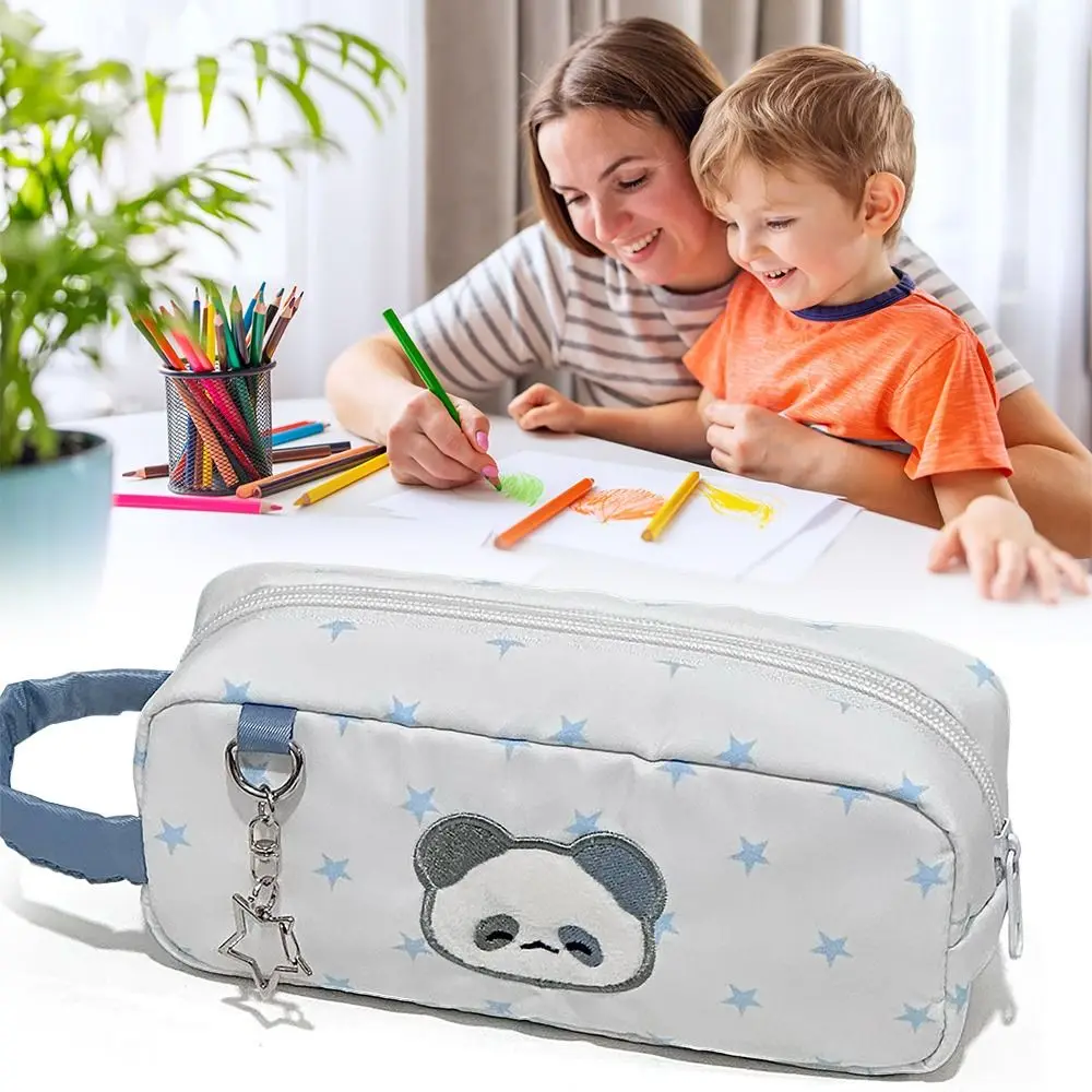 

Прочная белая сумка для ручек с рисунком звезды и панды, ручная сумка для канцелярских принадлежностей, большая вместимость, портативный органайзер для канцелярских принадлежностей, школьный офис