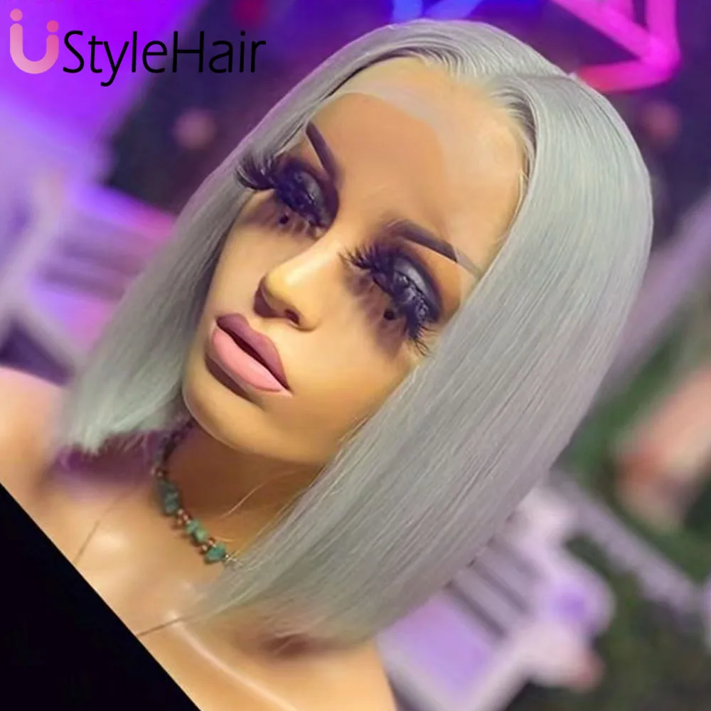 UStyleHair-Peruca curta reta de platina loira Bob, frente de renda, resistente ao calor, cabelo sintético, uso diário