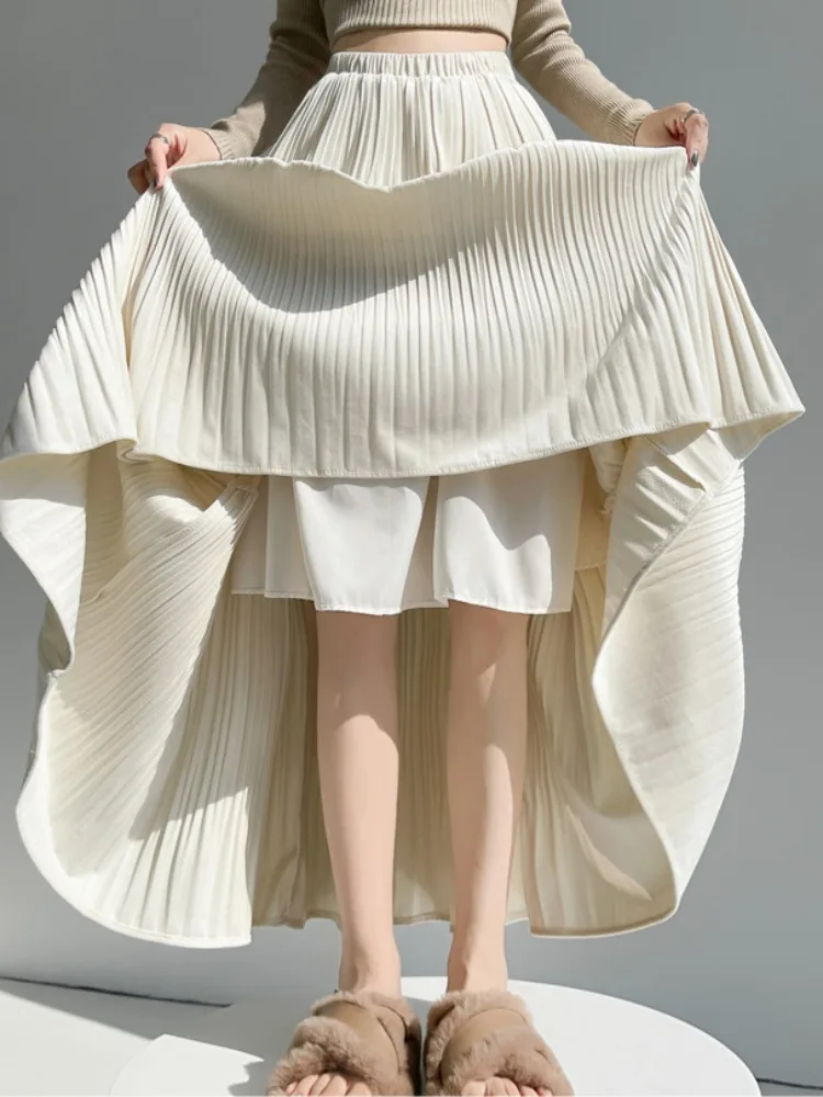 Ele falda de pastel de terciopelo para mujer Otoño Invierno cintura alta A-Line Falda Midi plisada empalme coreano Sle Commute Dr