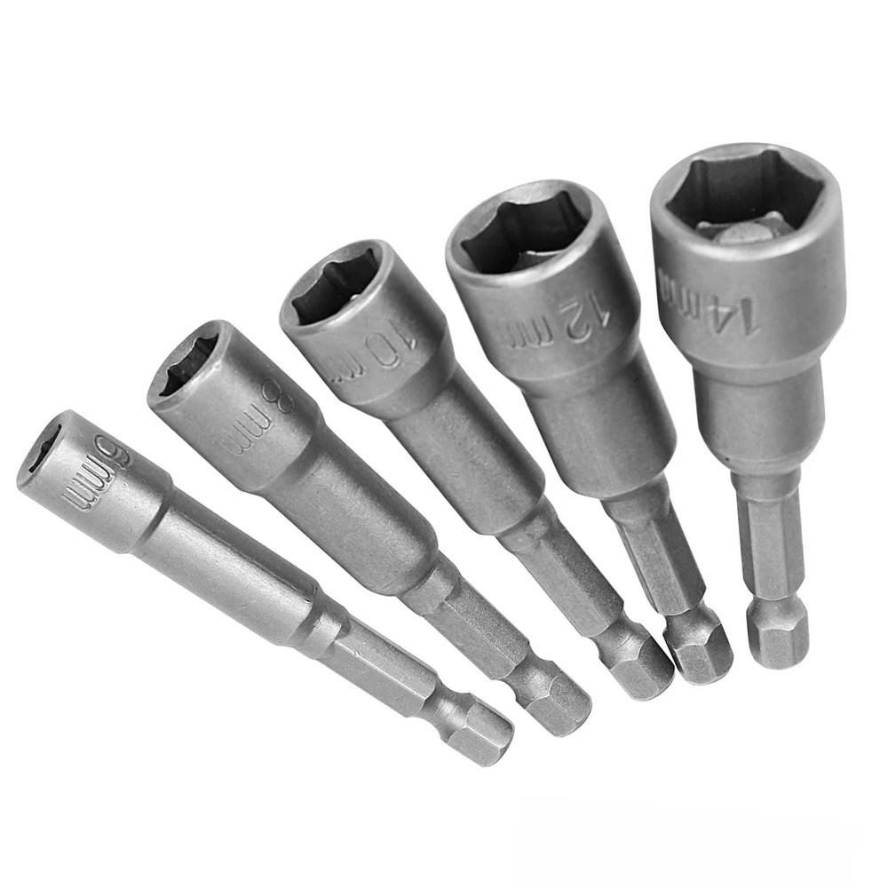 5PCS 6-14mm Magnetic Socket Adapter Electric Screwdriver Bit 1/4inch Hex Shank Sleeve Nozzles Strong Magnetic Nut Driver Set