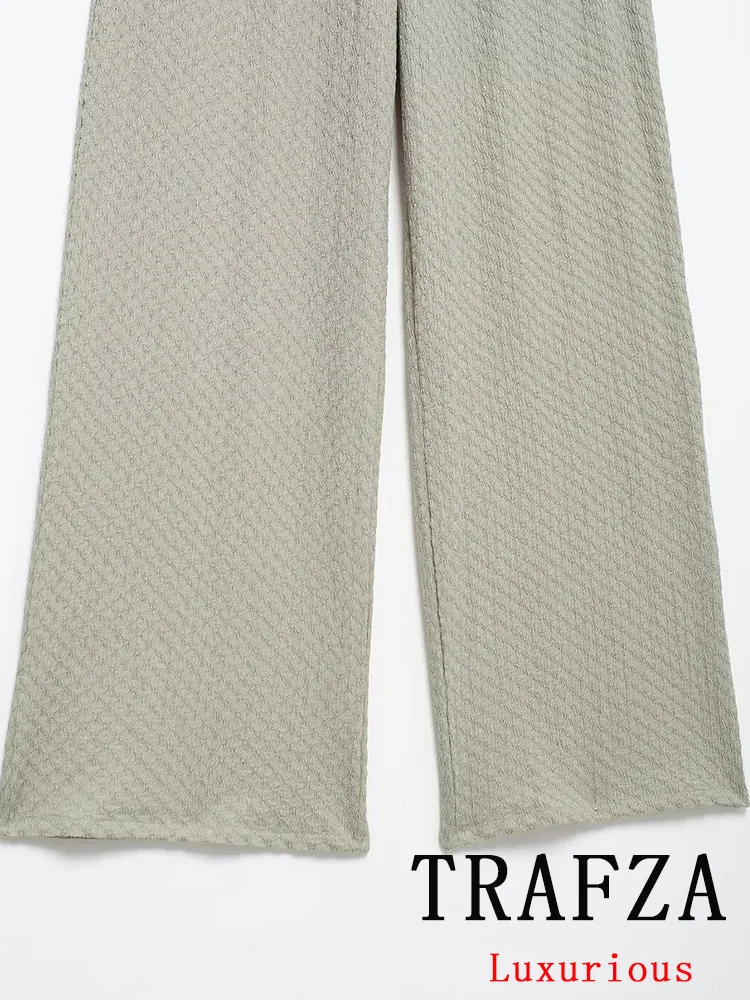 TRAFZA Vintage Casual Chic Solid Women Suit scollo a v manica lunga cintura Top pantaloni larghi dritti moda 2024 autunno vacanze abiti