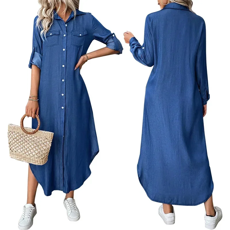 2025 new European and American women's clothing new women's clothing lapel button long sleeved dress, women's jumpsuit